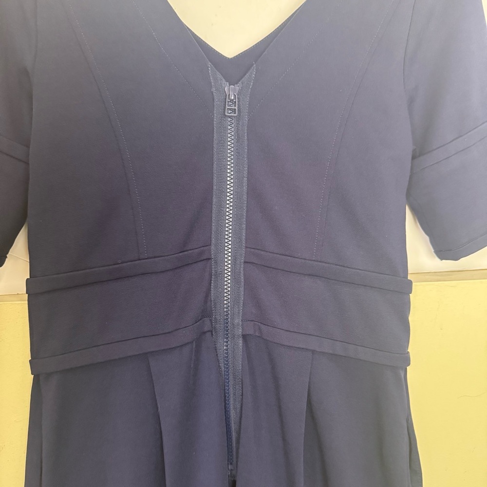 Pink Tartan V Neck Fit Flare Sheath Dress Pockets Stretch Preppy Minimal Navy S - Picture 5 of 16